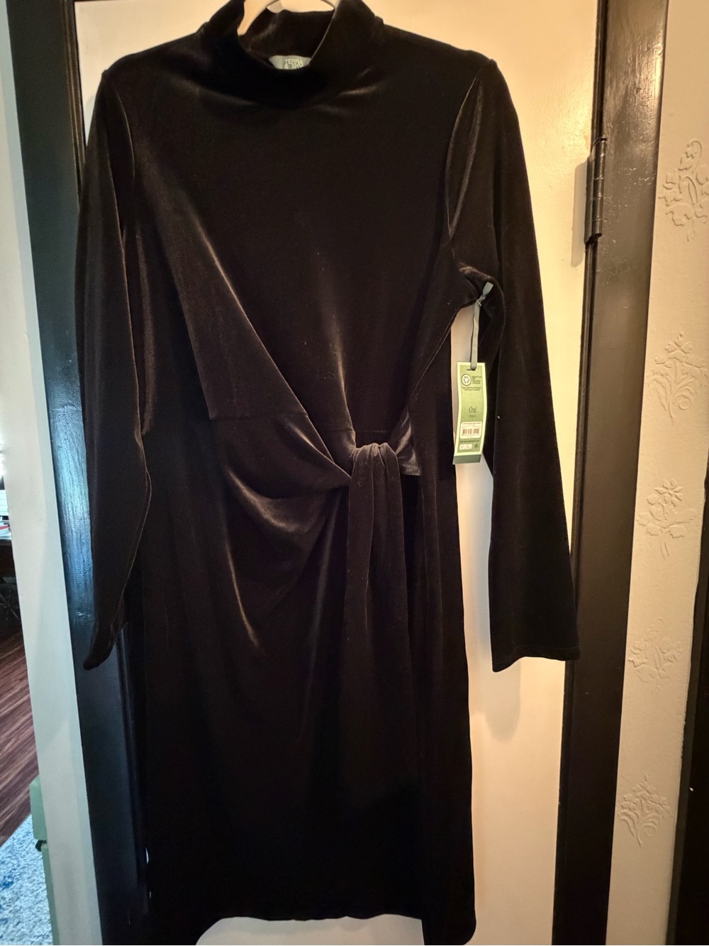 Terra & Sky Black Velvet Long-Sleeve Tie-Front Dress